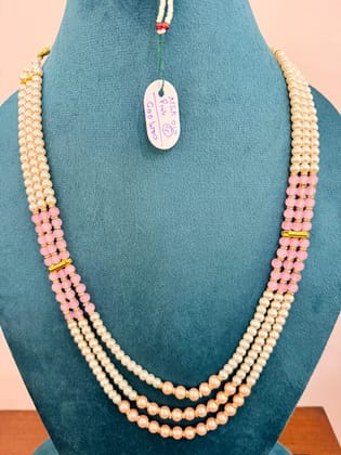 3-strand lvory moti pearl necklace with soft pink quartz gemstone accents