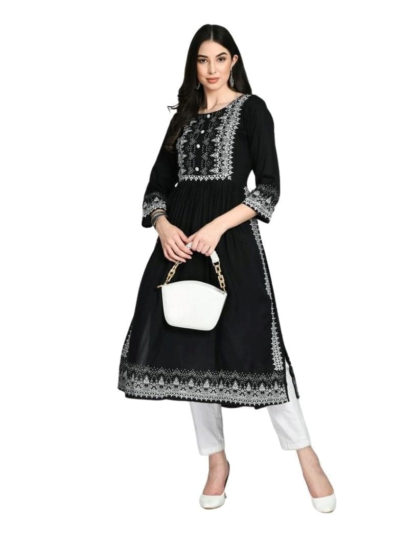 Women's Casual Rayon 3-4th Sleeves Kurti (Black, M)-PID63379