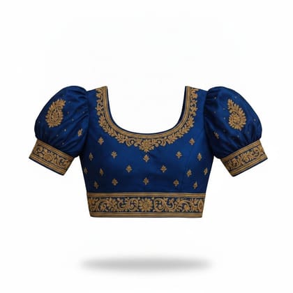 Women's Blue Embroidered Puff Sleeve Blouse