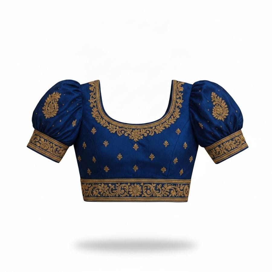 Women's Blue Embroidered Puff Sleeve Blouse