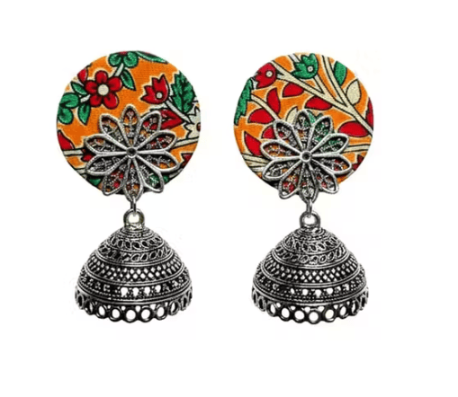 Handcrafted Fabric Stud Oxidized Silver Jhumka Earrings.