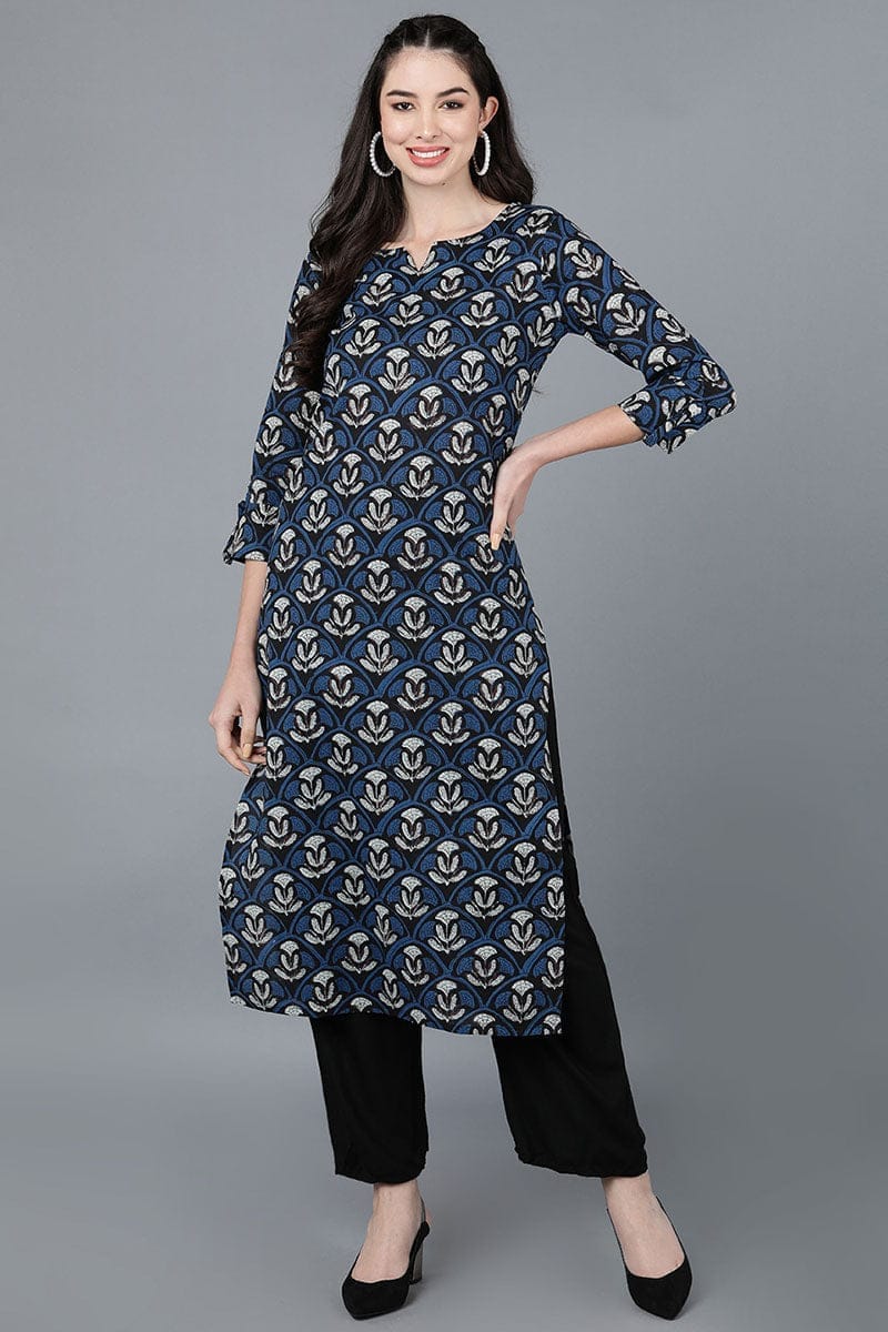 Navy Blue Cotton Blend Straight Kurta VCK8576