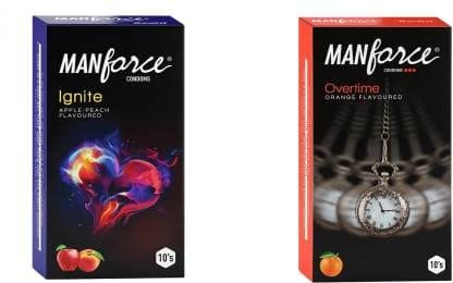MANFORCE Ignite Apple-peach Flavoured Extra Dotted Box Condoms - 10 Pieces & 3 in 1 Condoms (Ribbed Contour Dotted) Overtime Orange Flavoured- 10 Pieces Condom (Set of 2 20 Sheets)