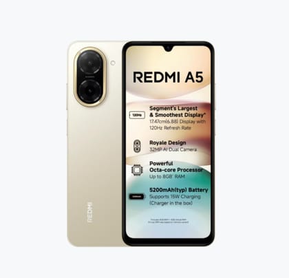 Redmi A5 Jaisalmer Gold (4GB RAM 128GB Storage) | Royale Design | Segment's Largest 17.47cm(6.88) and Smoothest 120Hz Display | 5200mAh Large Battery | Expandable Storage up to 2TB Redmi A5 Jaisalmer Gold (4GB RAM 128GB Storage) | Royale Design | Segment