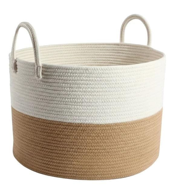 Generic Cotton Pack Of_1 12x14 Inch Laundry Storage Basket For Clothes (Beige-White)-PID66397