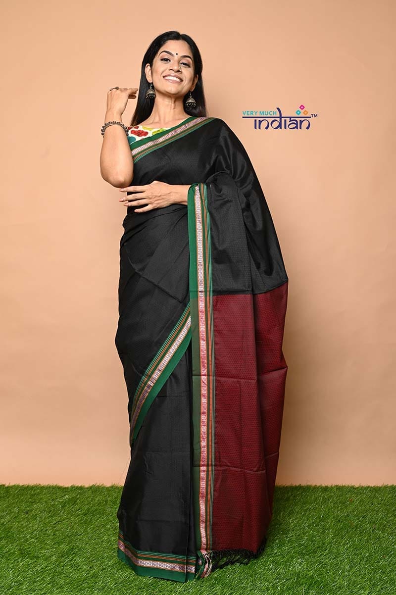 Traditional Khun Saree - Cotton Resham Authentic Handwoven Saree, Black with Green Border
