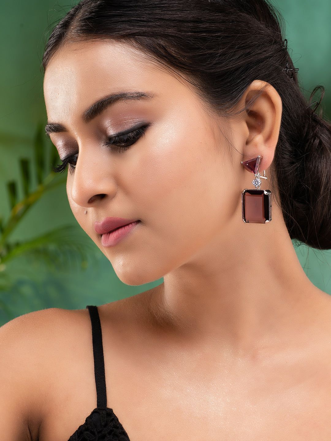 SilverPlated Maroon Faux Glass Studded Geometric Drop Earrings