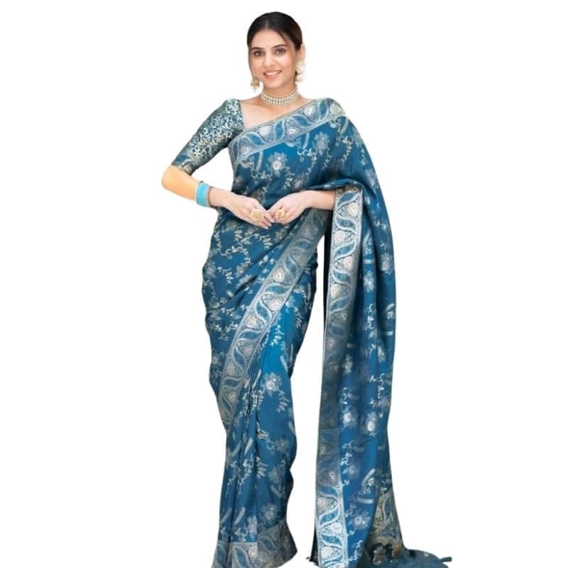 Women's Silk Printed Saree With Unstitched Blouse 5.5Mtr (Teal Blue)-PID60321