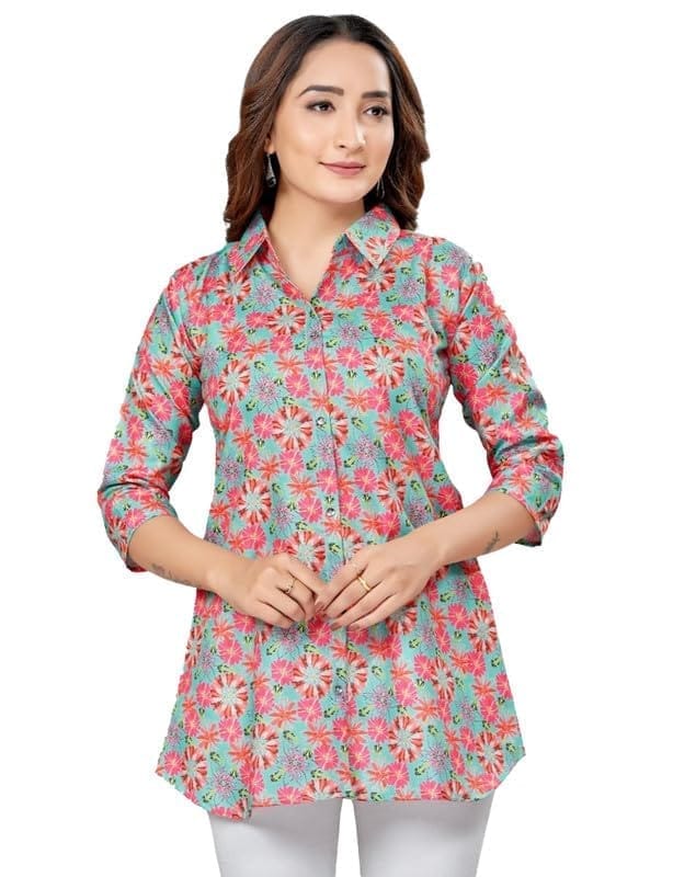 Women's Cotton Blend Collared Neck 3/4 Sleeves Short Top (Teal Green, 2XL)-PID56236