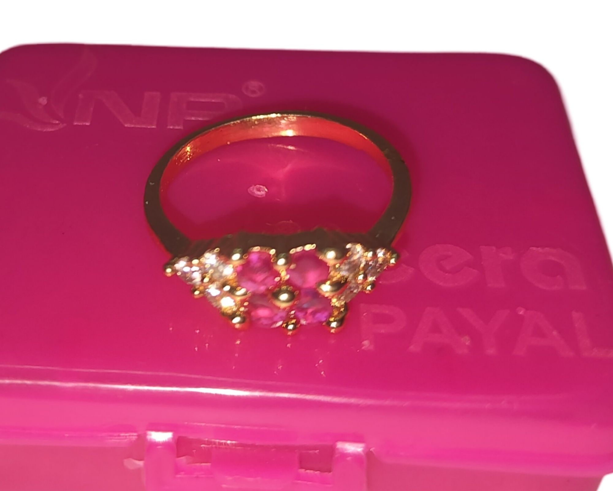 "Exquisite  Gold plated Ring with Round Pink Gemstones"