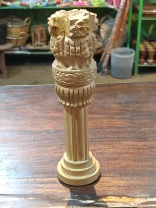 Biraj Chanda Ashoka Pillar Replica (1 unit) | Hand-Carved Wooden Sarnath Lion Capital | Home Decor & Souvenir