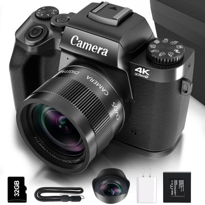 Saneen Digital Camera for Photography, 4K 64MP WiFi Touch Screen Vlogging Camera with Flash, 32GB Micro Card, Lens Hood, 3000mAH Battery, Front and Rear Cameras, 4″Big Screen, Hot Shoe Interface-Black Black 4K & 64MP / Compact