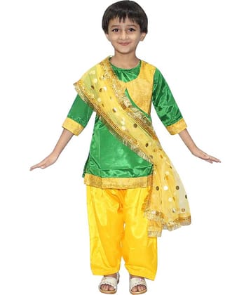 Kaku Fancy Dresses Indian State Punjabi Folk Dance Costume for Kids/ Salwar Suit with Dupatta For Girl Costume - Green & Yellow, 10-12 Years