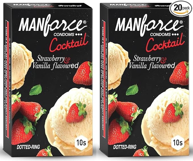 MANFORCE Cocktail Condoms with Dotted-Rings Strawberry & Vanilla Flavoured- 10 Pieces x Pack of 2 Condom (Set of 2 20 Sheets)