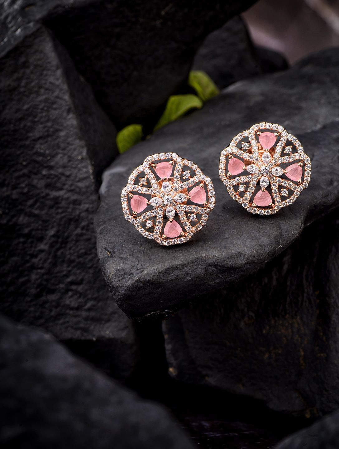 Handcrafted Floral Design Pastel pink studs Rose quartz small earrings Rose gold plated
