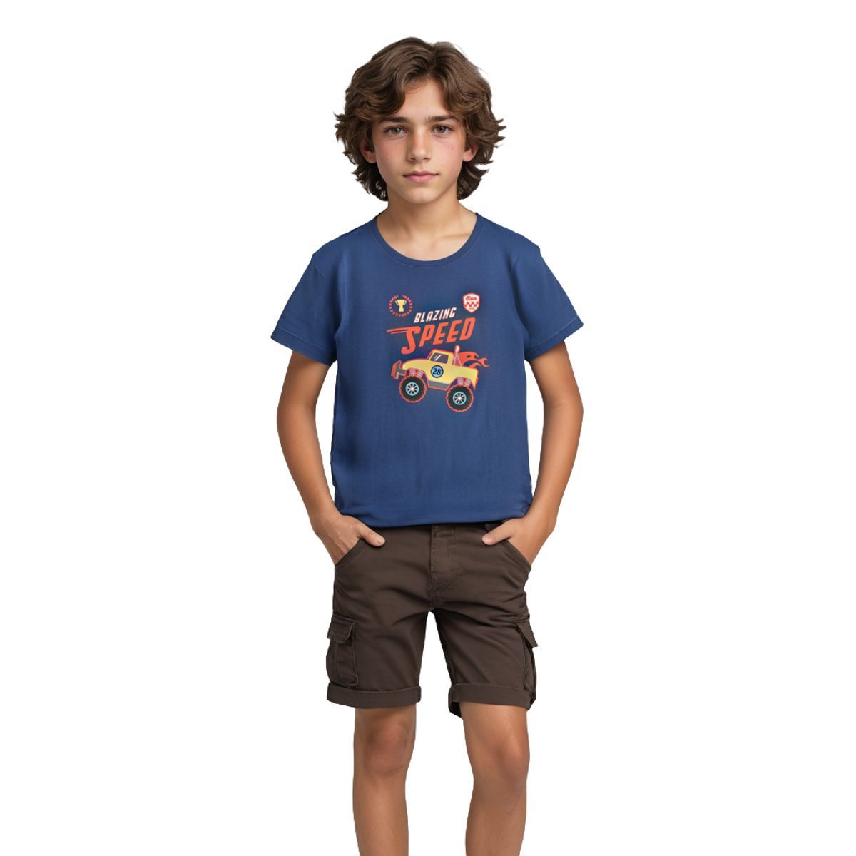 Boys T shirt Cotton Estate Blue Blazing Speed Monster Truck