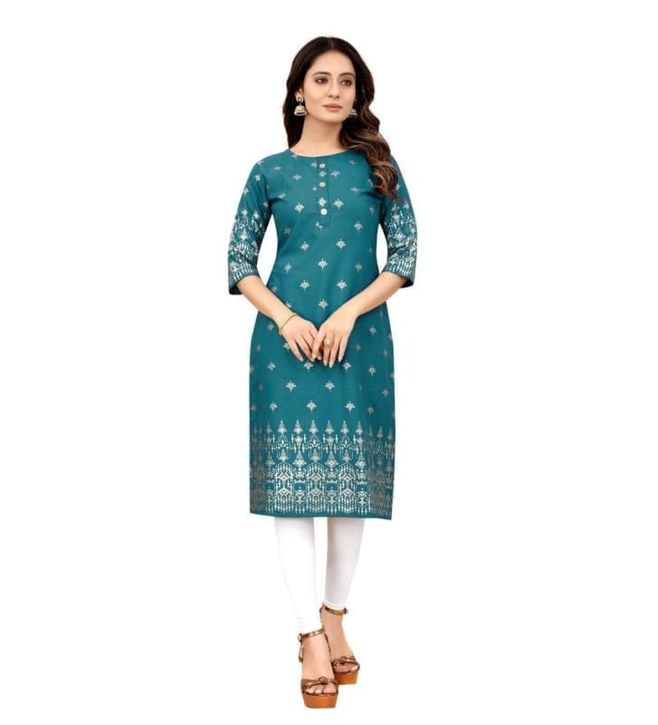 Women's Casual 3/4th Sleeve Foil Gold Printed Cotton Kurti (Blue, 2XL)-PID46154