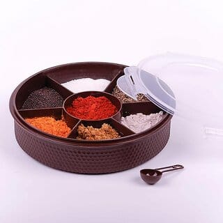 Plastic Round 7 Sections Multipurpose Masala Rangoli Dabba Box Set, Spice Box Set - Brown (Masala Box - 7 in 1)