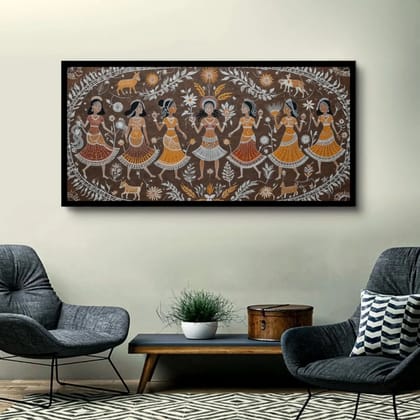 Luminary Tribal Harmony – Warli Dance Celebration Museum-Quality Cotton Canvas Art for Living Room Décor | Frame Size (127 X 69 Cm) | Frame Type (Black) | 5-Year Warranty