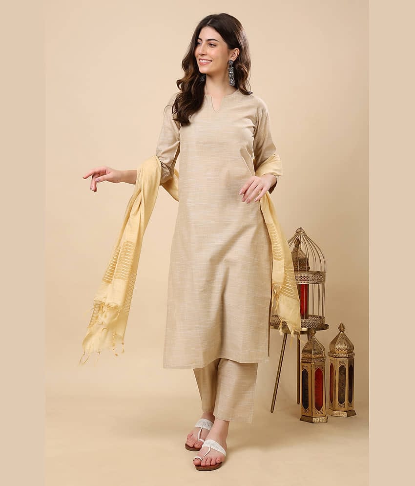 FASHJONS 360 Women Cotton Solid Straight Kurti With Harems Pants ( Beige )