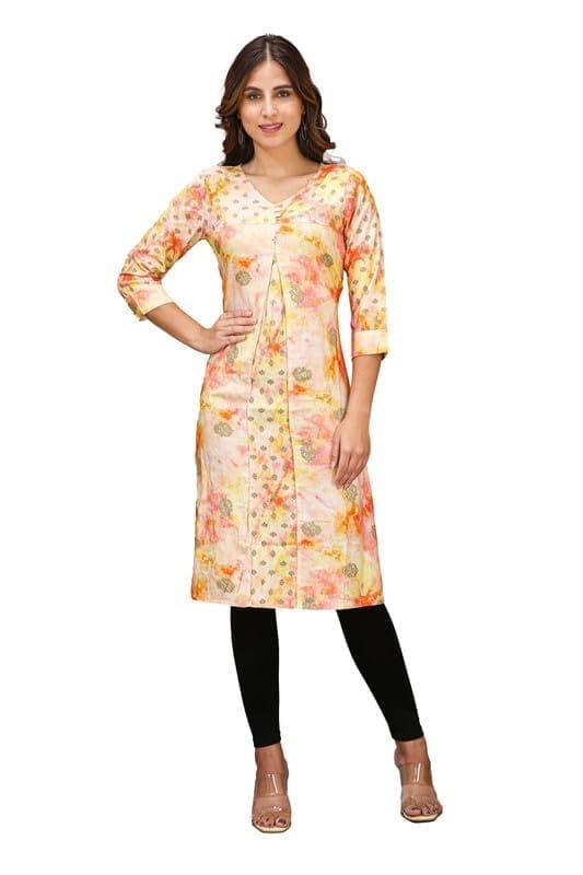 Women's Casual 3/4 Sleeve Viscose Rayon Printed Kurti (Orange, M)-PID46415