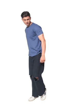 Kinnko Premium Cotton Mens Blue Self Textured Plain T-Shirt