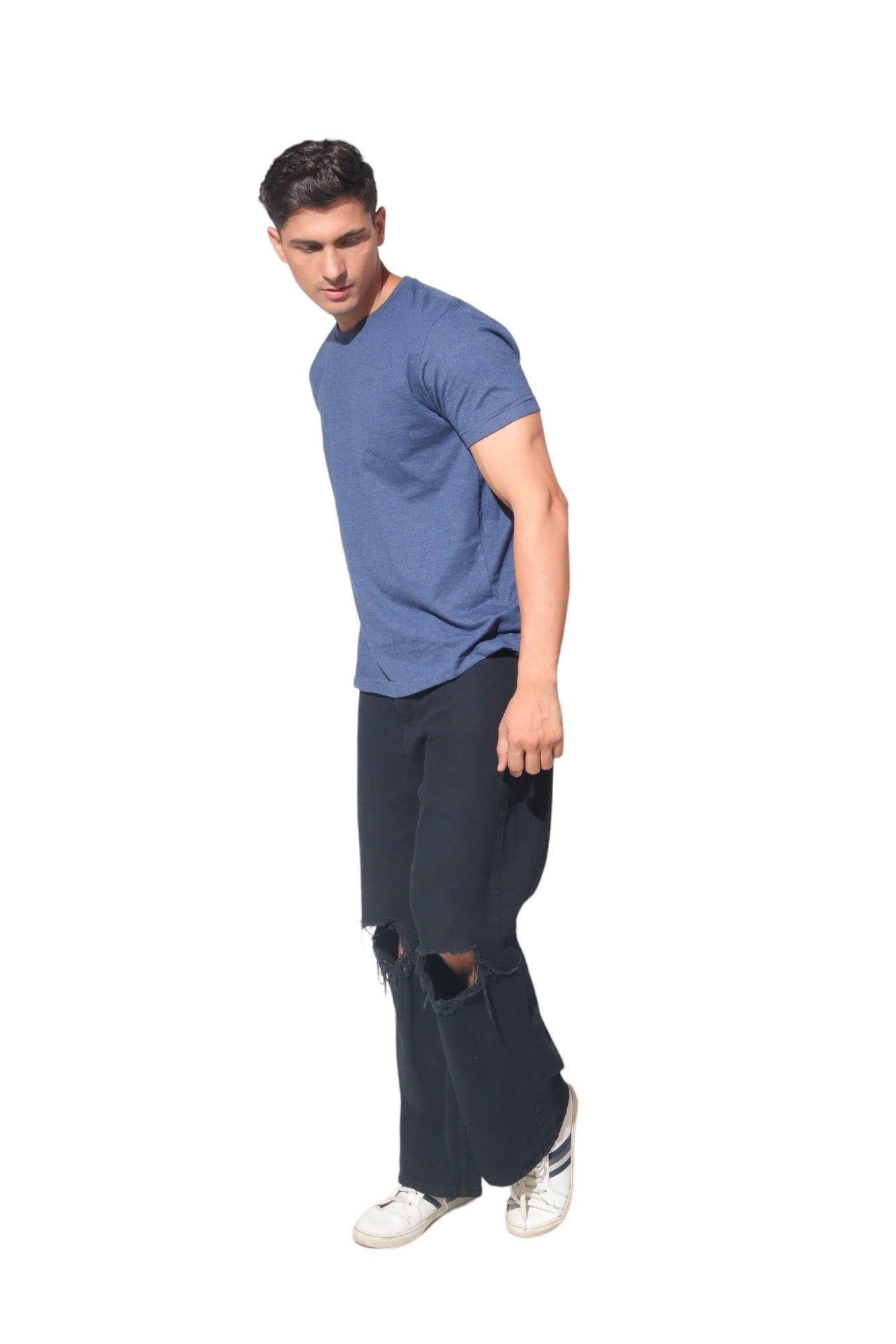 Kinnko Premium Cotton Mens Blue Self Textured Plain T-Shirt