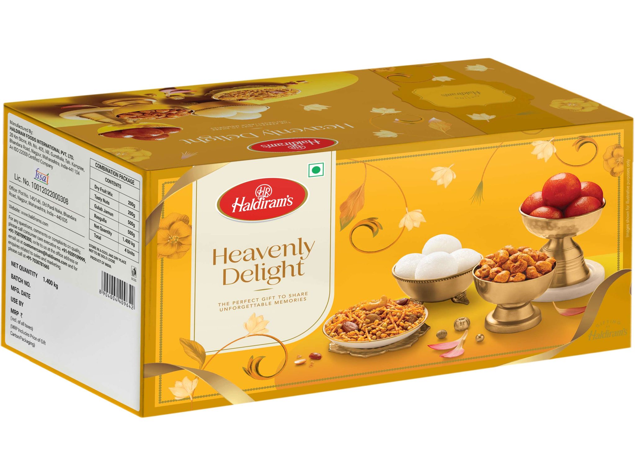 Haldiram's Heavenly Delight Gift Hamper - 500g of Syrupy Gulab Jamun 500g of Soft, Rasgulla, 200g of Dry Fruit Mix & 200g of crunchy Tasty Nuts