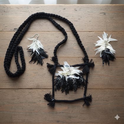 Jhuri Bhaja Traditional Jewelry Set | Handcrafted Black & White Tassel Necklace with Earrings | Lightweight Ethnic Wear