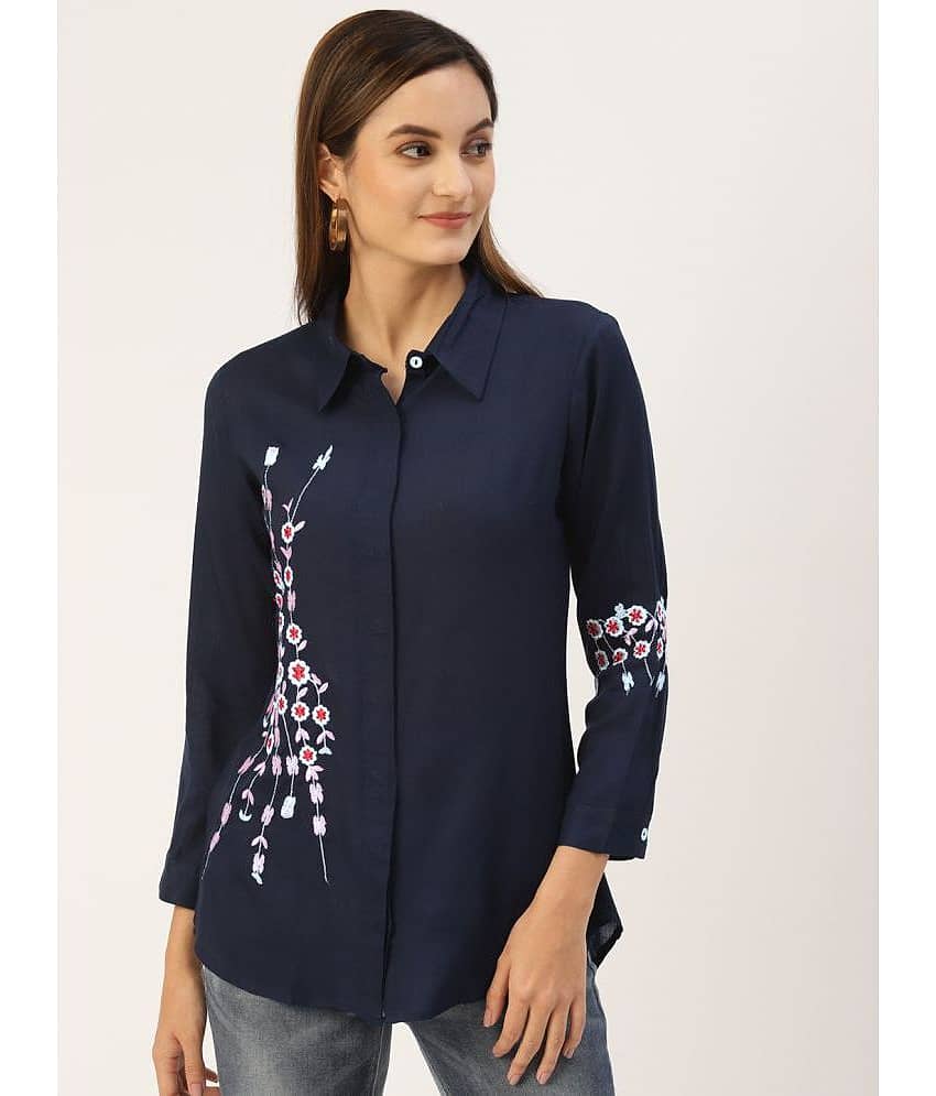 Kbz Women Printed Rayon Shirt ( Blue )