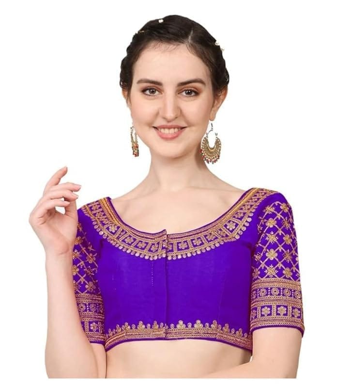 Women's Silk Embroidery Coding Round Neck Short Sleeve Readymade Blouse (Blue, Free Size)-PID57744