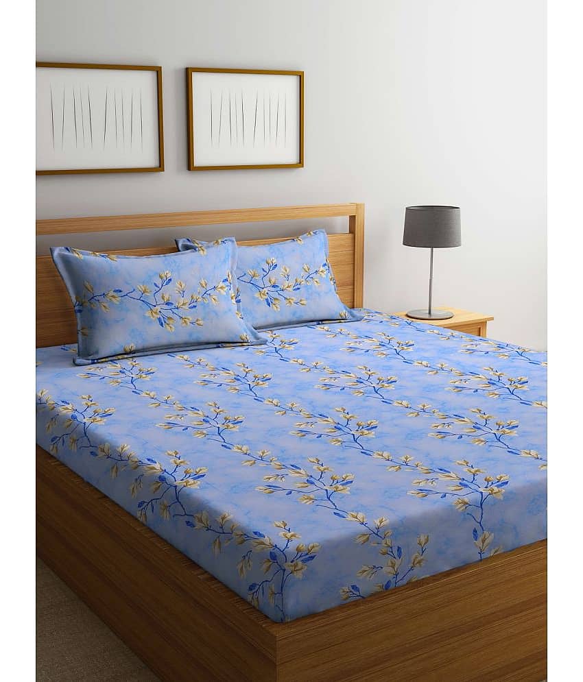 Klotthe Cotton Floral 1 Double King Size Bedsheet with 2 Pillow Covers - Indigo