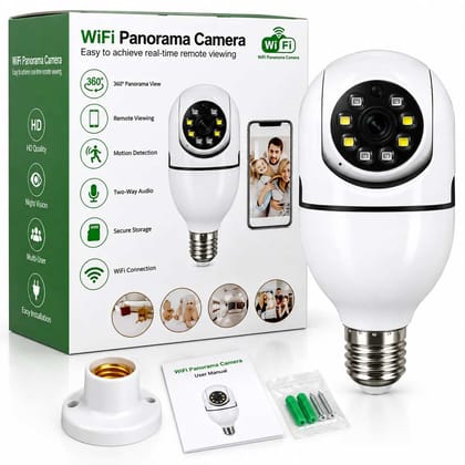 WiFi Bulb Camera 1080P HD, Panorama Security Camera with Night Vision, Motion Detection, Two-Way Audio, 2.4GHz WiFi, E27 Socket, TF Card Support up to 128GB, Android & iOS