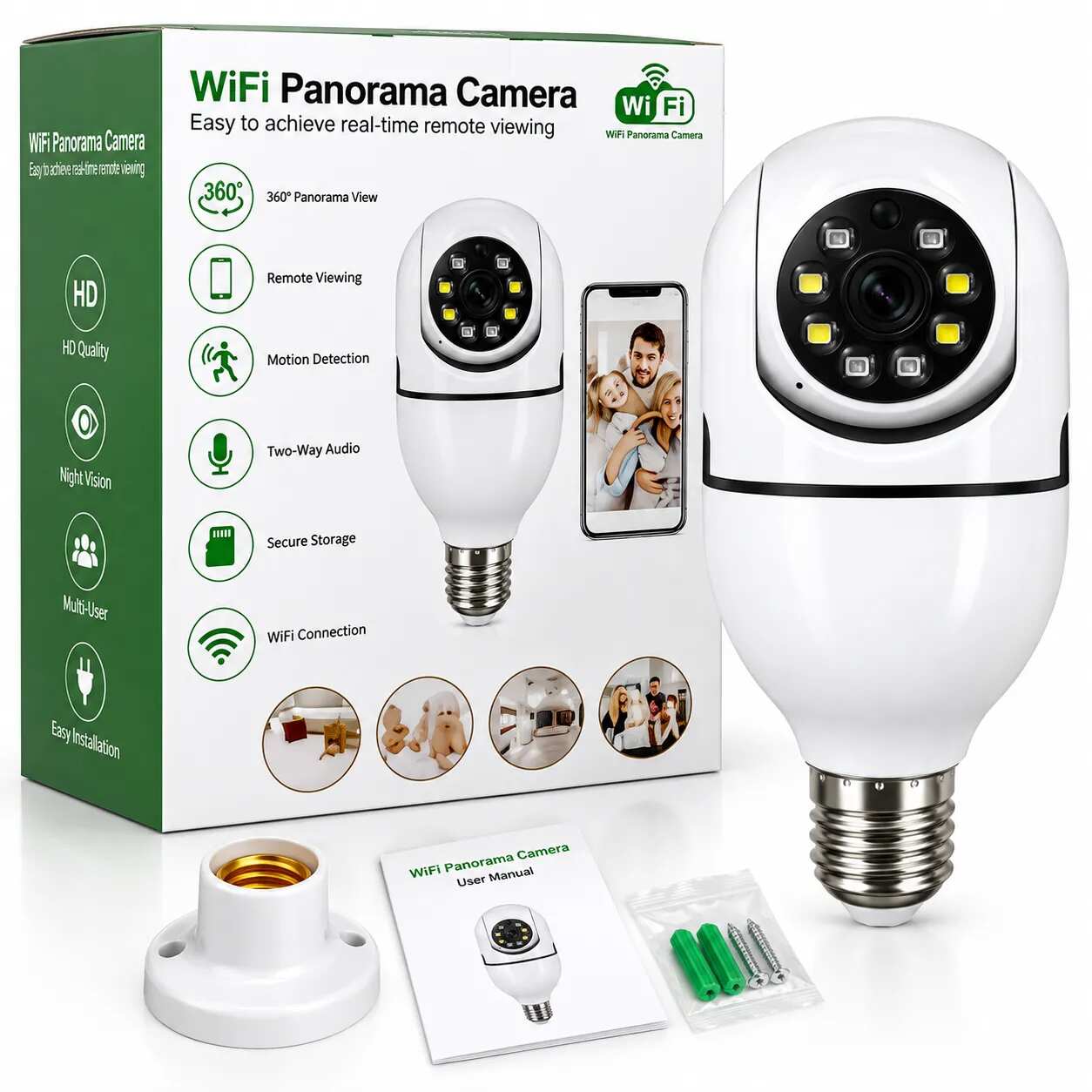WiFi Bulb Camera 1080P HD, Panorama Security Camera with Night Vision, Motion Detection, Two-Way Audio, 2.4GHz WiFi, E27 Socket, TF Card Support up to 128GB, Android & iOS