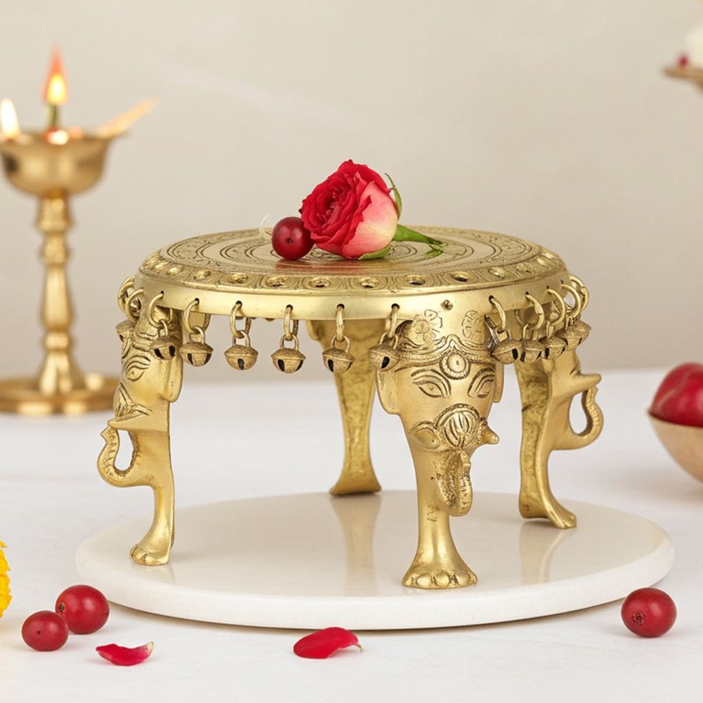 Brass Chowki for God Idol - Handcrafted Temple Stand, Length : 8.5 Inch (BSMAS1514 A)