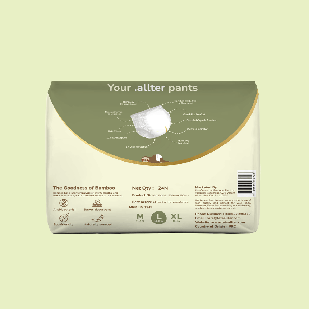 .allter Organic Bamboo Diaper Pants- Large Size (13-17kgs), 24 Pcs