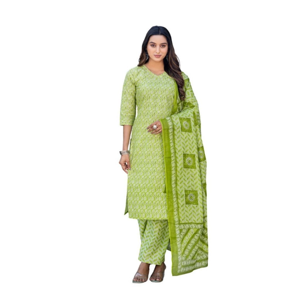 womens cotton blend printed kurti with pant dupatta set parrot pid63065