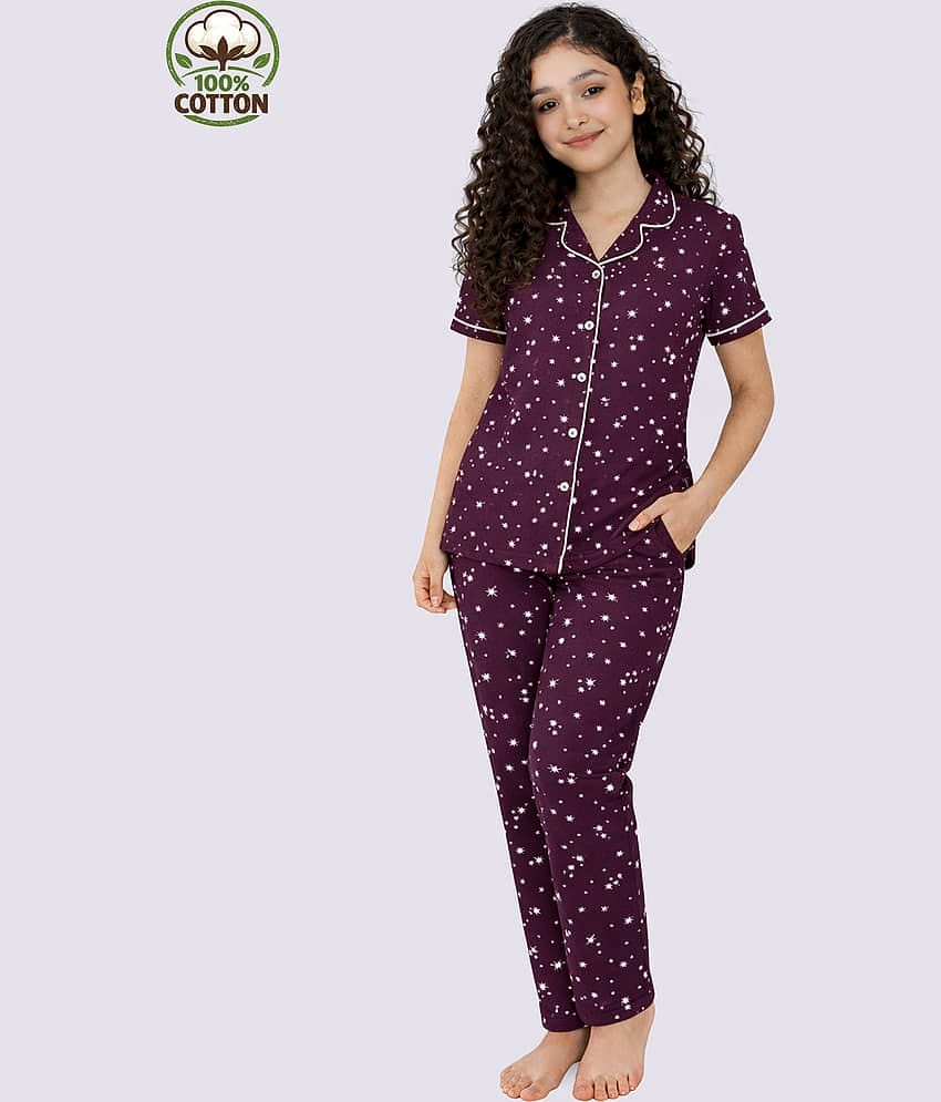 Kuchipoo Pack of 1 Girls Cotton Nightsuit Set ( Maroon )