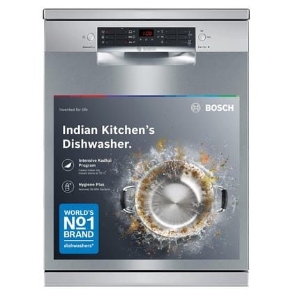 Bosch 15 Place Setting (fits up to 80 utensils) Free-Standing Dishwasher for Indian Utensils | Hygiene+ & Intensive Kadhai Program (SMS46KI03I, Silver Inox, Inbuilt Heater, Removes 99.9% Germs) Bosch 15 Place Setting (fits up to 80 utensils) Free-Standin