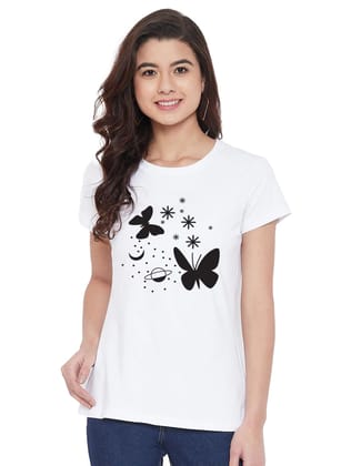 Women's Cotton Blend Butterfly With Star Printed T-Shirt S (White)