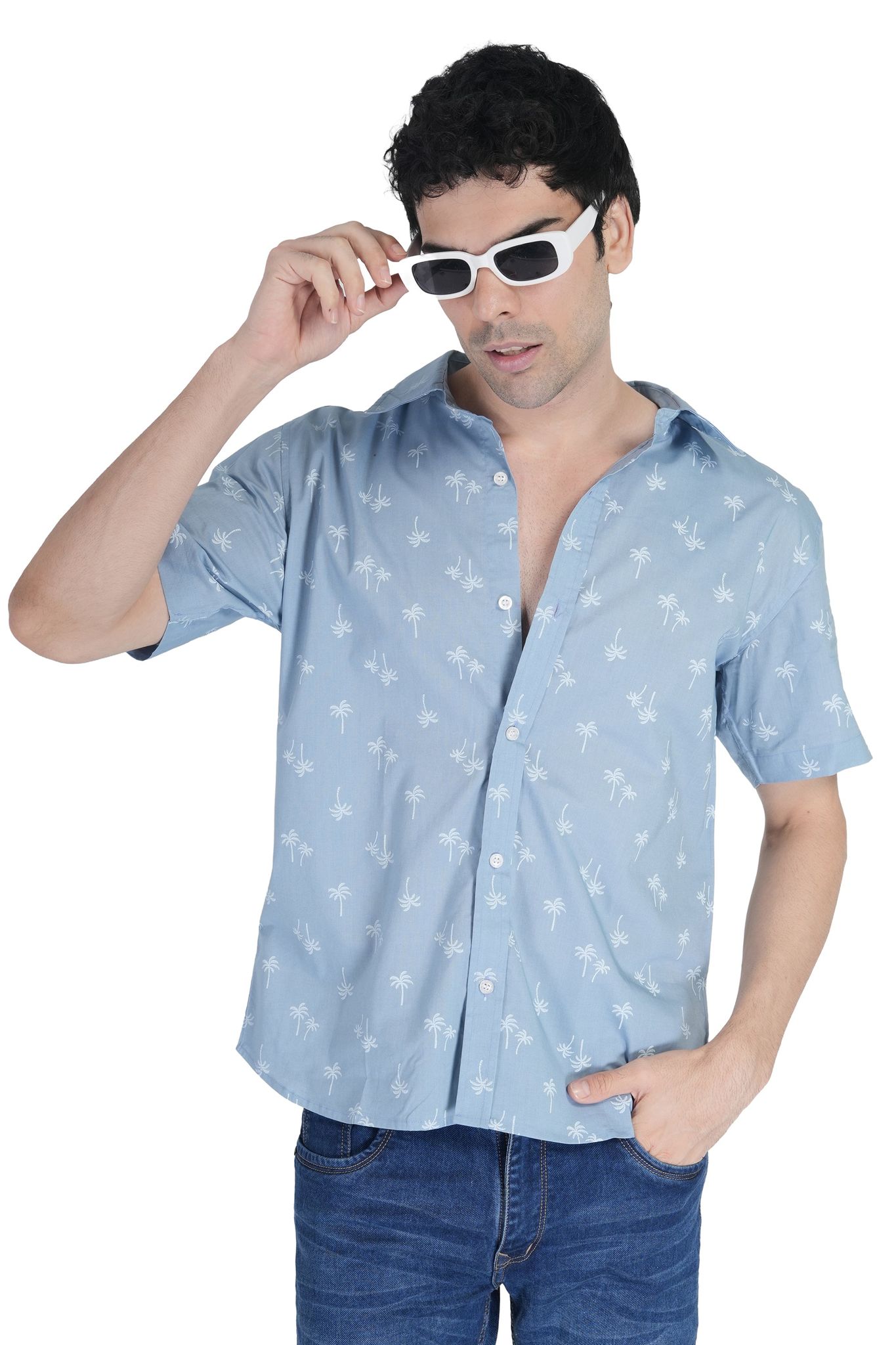 Stylish Light Blue Palm Tree Print Casual Shirt
