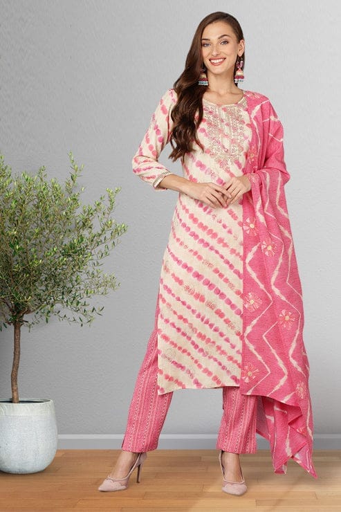 Cream Silk Blend Ethnic Motifs Straight Suit Set VKSKD1786