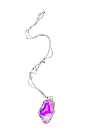 TULIP Traditional Artisians' Upliftment Livelihood Program Purple Agate Slice Pendant Necklace, Silver Chain, Geode Stone, Irregular Shape