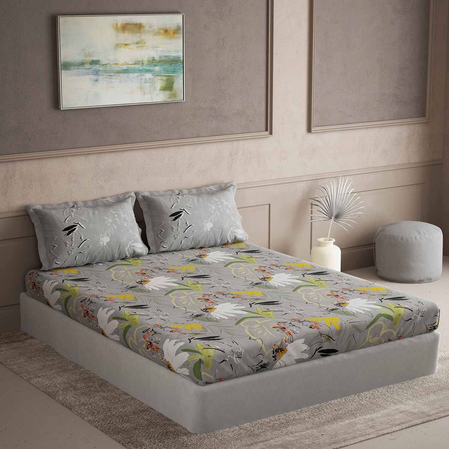 DDECOR - The Elemental Collection 100% Cotton Classical Pattern 145TC King Bedsheet |254 CM X 274 CM| with 2 Pillow Covers - Grey