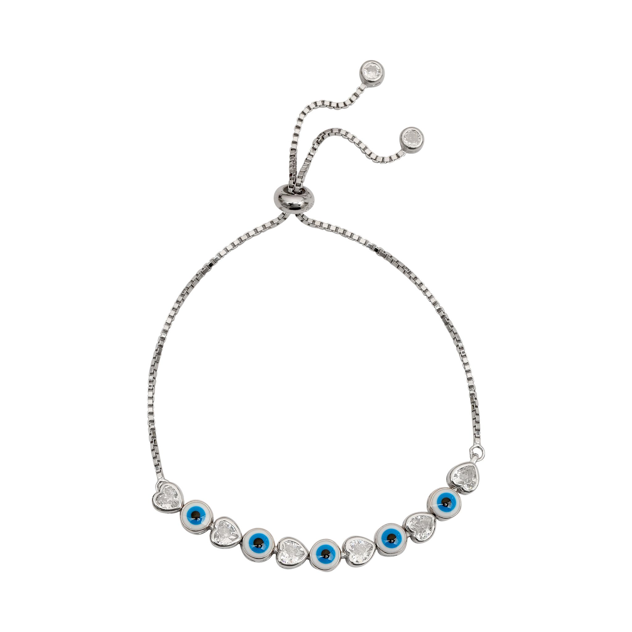 925 Sterling Silver Evil Eye & Heart CZ Adjustable Bracelet for Women & Girls | Blue Eye Protection Charm Bracelet I Weight - 6.68 g