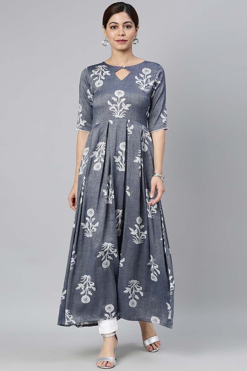 Women Grey & White Floral Printed Kurta VCK8216