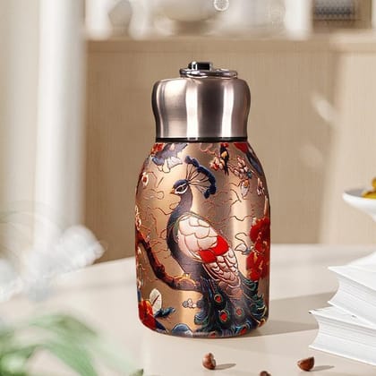Peacock Print Stainless Steel Insulated Water Bottle  Double Wall Vacuum Flask, Leakproof Hot & Cold Bottle for Office, School, Travel, Gym, Stylish Designer Thermos for Boys, Girls & Adults