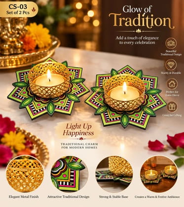 CS-03 Rangoli Glow Fancy Candle Stand  Decorative Rangoli Candle Holder for Diwali, Festivals, Pooja, Home Decor, Wedding Decoration and Festive Table Centerpiece (2 Pcs Set) (Design & Color May Vary)