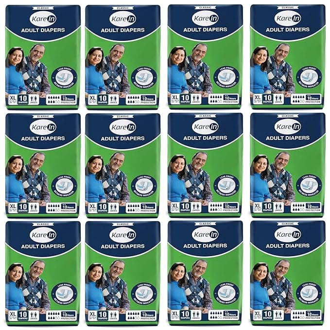 KareIn Classic Adult Diapers, Extra Large (XL), Waist Size 127-165 Cm (50"-65"), 120 Count, Tape Style, Unisex, High Absorbency, Leak Proof, Wetness Indicator