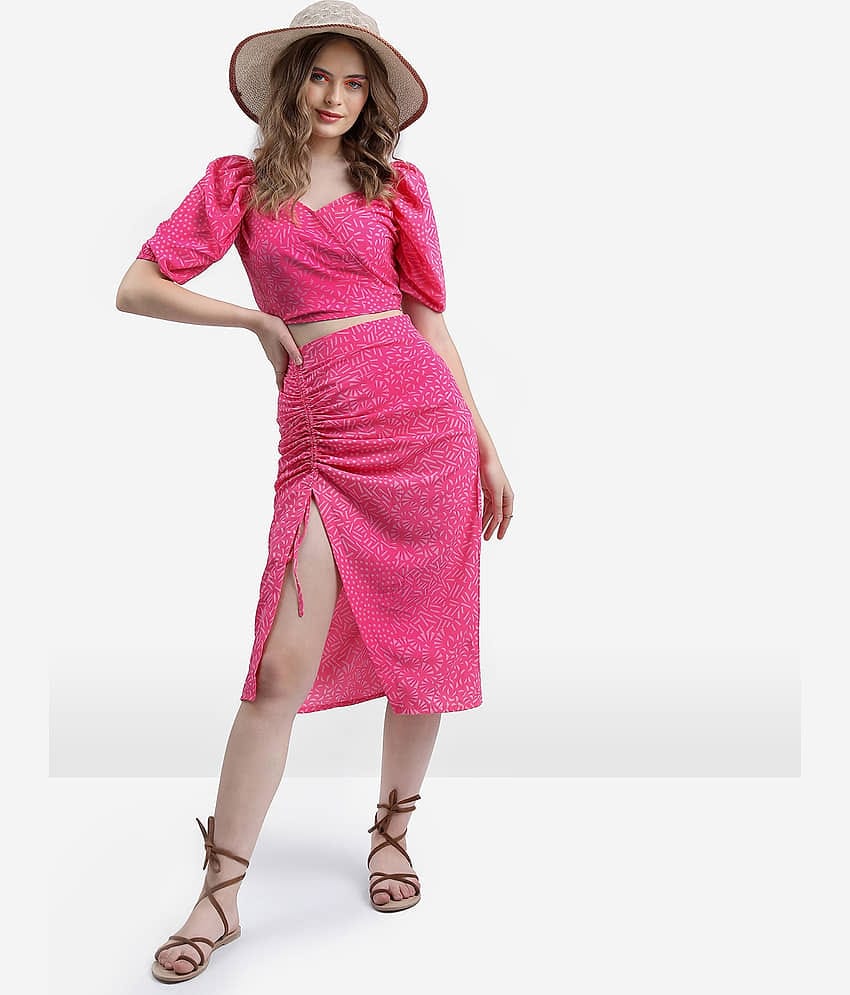 Ketch Women Printed Top With Skirt Co-Ord Set ( Pink )